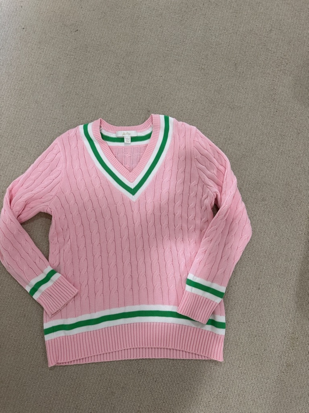 Lilly Pulitzer Pink Cable-Knit V-Neck Sweater with Green Trim - Picture 3 of 3